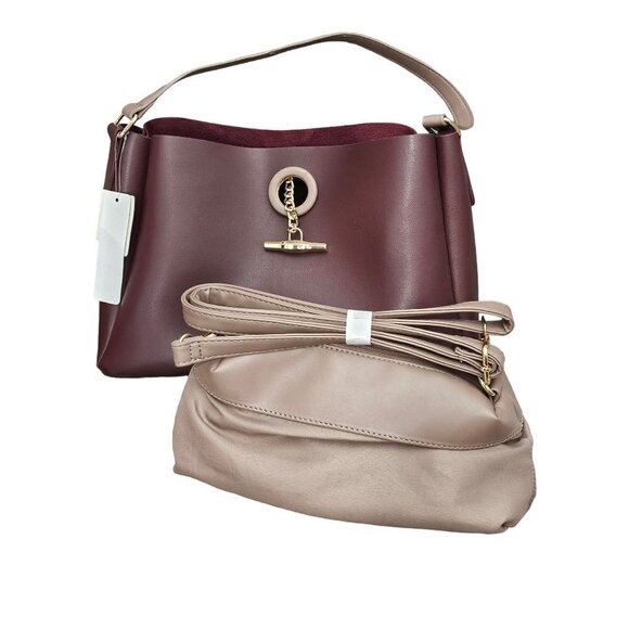 Burgundy Shoulder Bag Faux Leather Two Piece Handbag Set - Picture 11 of 15